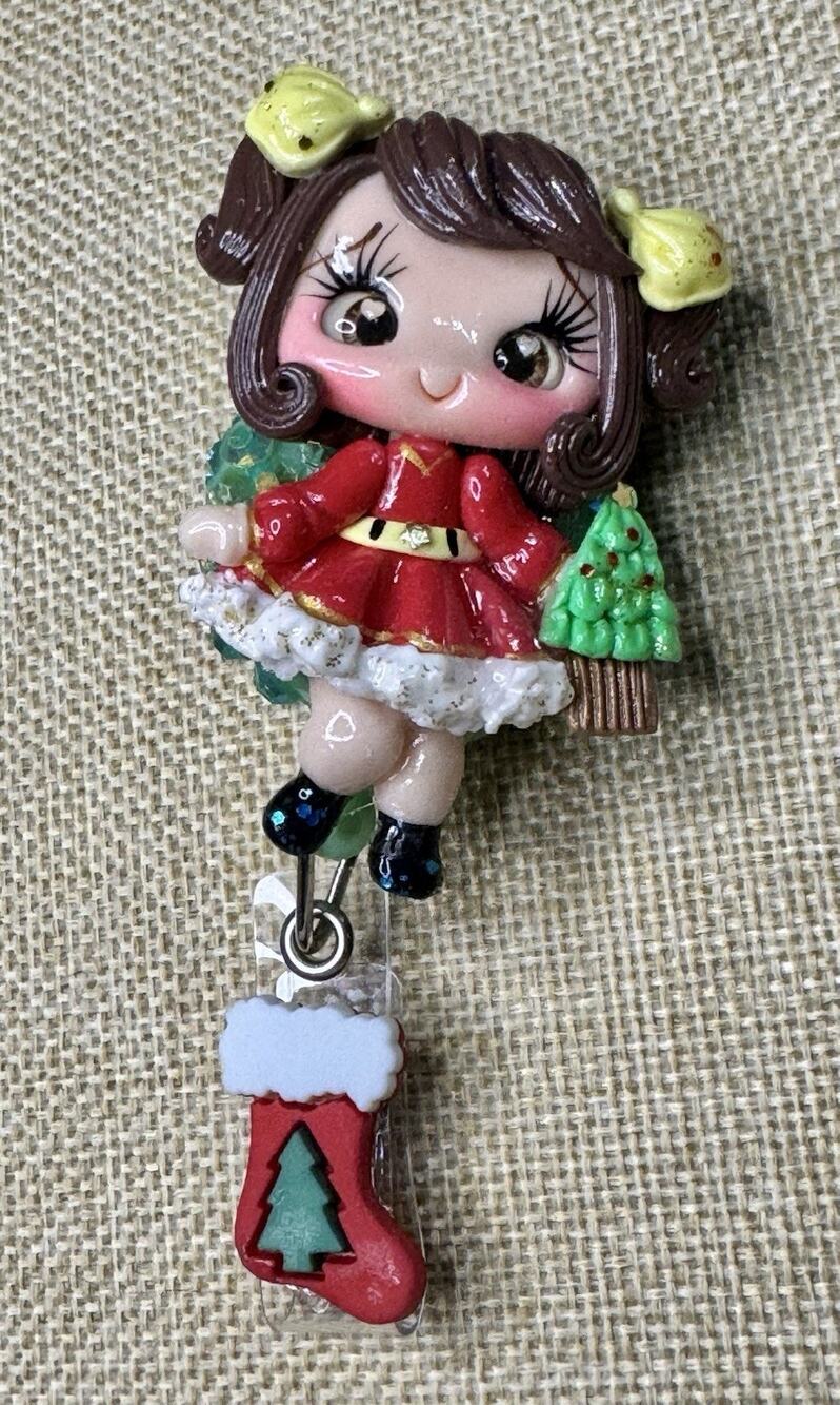 Christmas Girl Badge Reel On Alligator Clip With Green Rhinestones